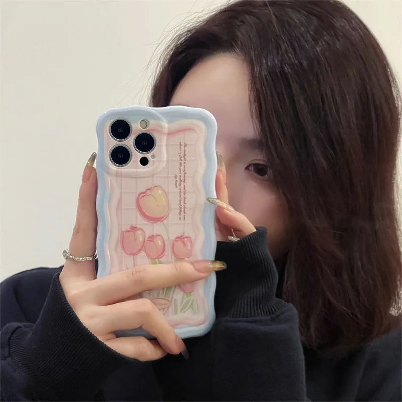 

Oil painting powder grid full screen tulips Phone Case For iphone 14 13 12 11 Pro Max X XR XSMAX 7 8 Plus SE TPU Case Cover