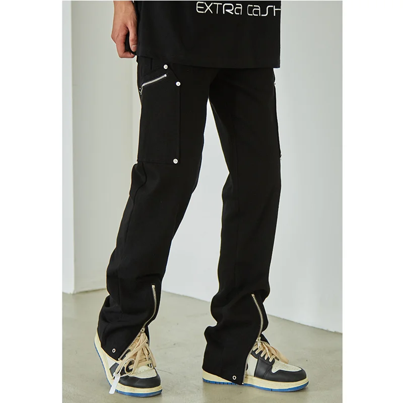 Streetwear Men 2022 New Pattern  Black Casual Pants Multiple Pockets Zipper Straight Cylinder Comfortable Jeans Autumn Female