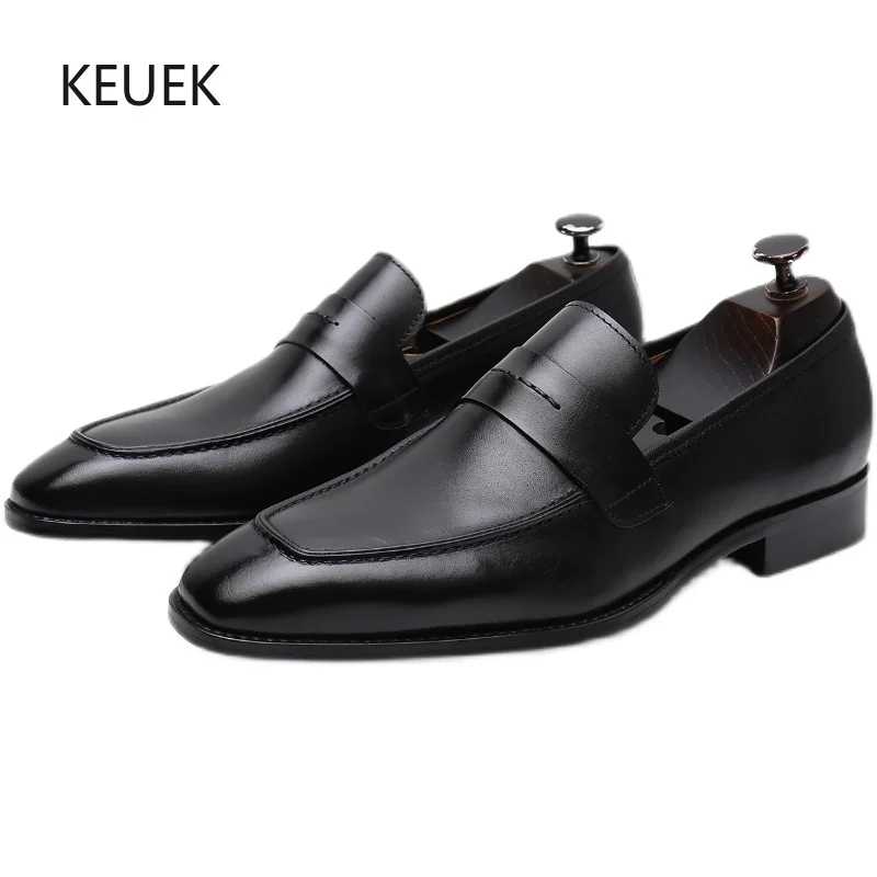 

New British Style Loafers Men Leather Shoes Square Toe Casual Business Party Wedding Dress Shoes Male Flats Oxfords Moccasins 5A
