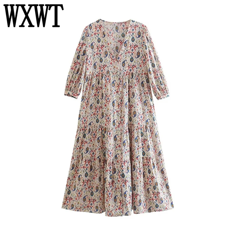 

WXWT Fashion Elegant V Neck Print Dress Women Long Sleeve Loose Midi Dress Female Autumn Casual Dresses 2022 Vestidos XX8737