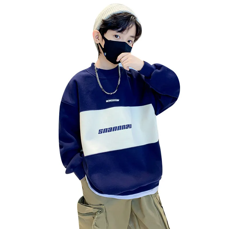 

New Boys Sweatshirts 8 10 12 14Years Old Children Pullover Cotton Long Sleeve Patchwork Clothes Korean Winter Casual Sweatshirts