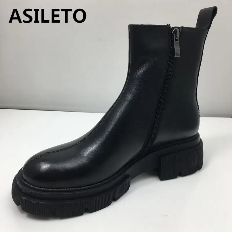 

ASILETO Russia Full Grian Leather High Quality Martin Boots Fur Warm Platform 5CM Square Heel Round Toe Zip Water Proof 40