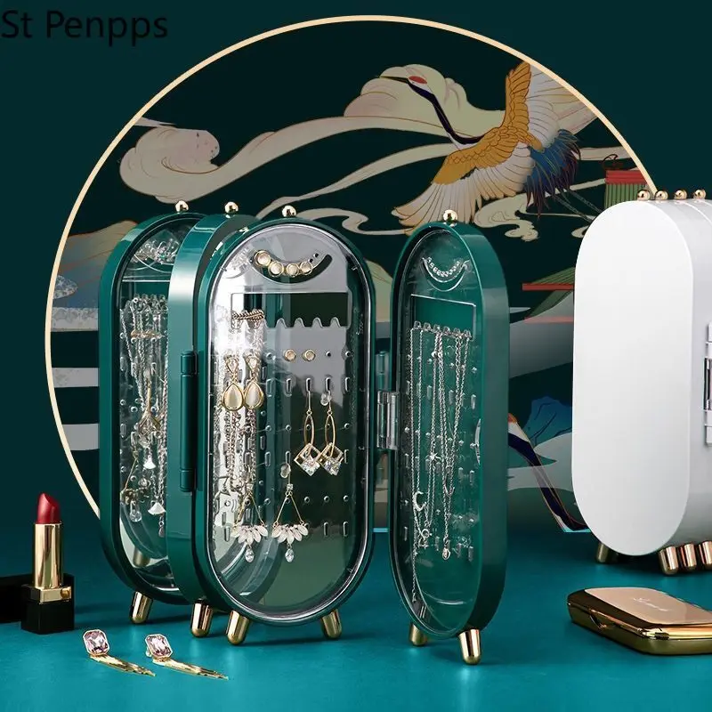 

Foldable Jewelry Storage Box Household Earrings Necklace Display Stand High Capacity Luxury Retro Screen Jewelry Organizer Case
