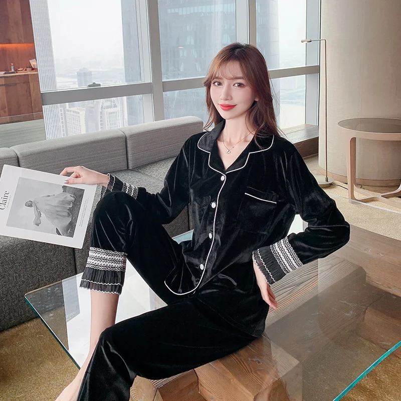 

Korean Long-sleeved Trousers Cardigan Home Service Suit Sleepwear Creation 101 Autumn and Winter New Gold Velvet Pajamas Women