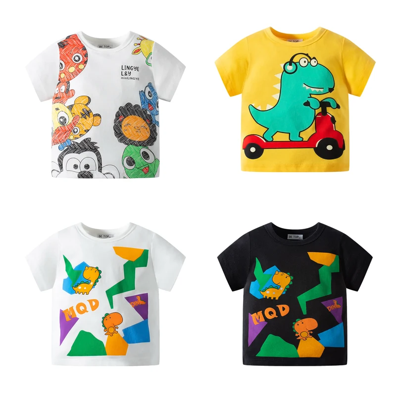 

27kids Summer Boys Cartoon Dinosaur Short-sleeved Knitted Cotton Casual Bottoming Shirt Breathable Soft Baby Top Game Clothes