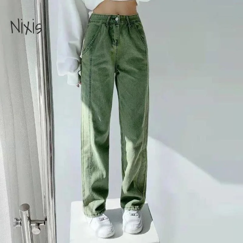 Green Jeans Women Fashion High Street Denim Trousers Casual Straight Wide Pants Vintage Streetwear Plus Size Bottoms Clothes