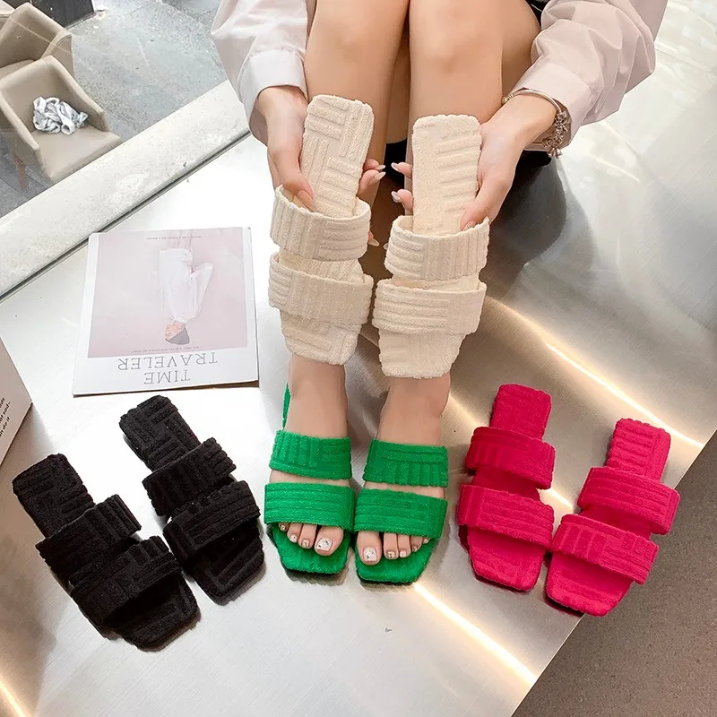 

Warm Towel Pattern Slippers 2023 Women New Embossed Cotton Drag Home All-match Sandals Candy Color Slippers
