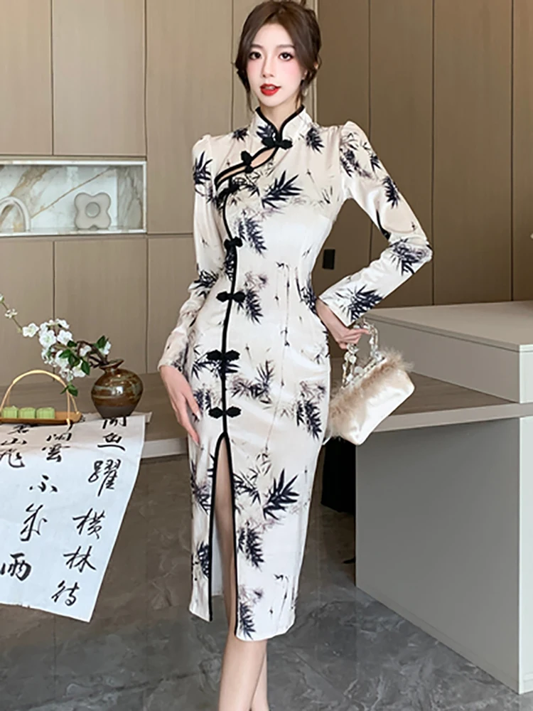 Женское бархатное платье с принтом элегантное винтажное облегающее в Корейском