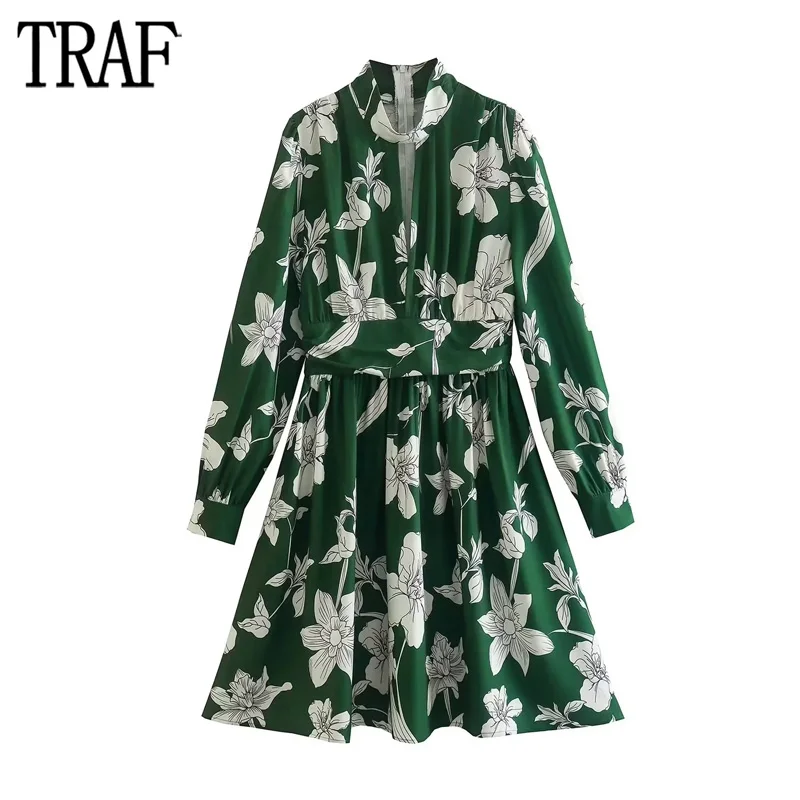 

TRAF Green Floral Dress Woman Print Pleated Midi Dress Women Long Sleeve Casual Dresses for Women 2023 Streetwear Female Dress