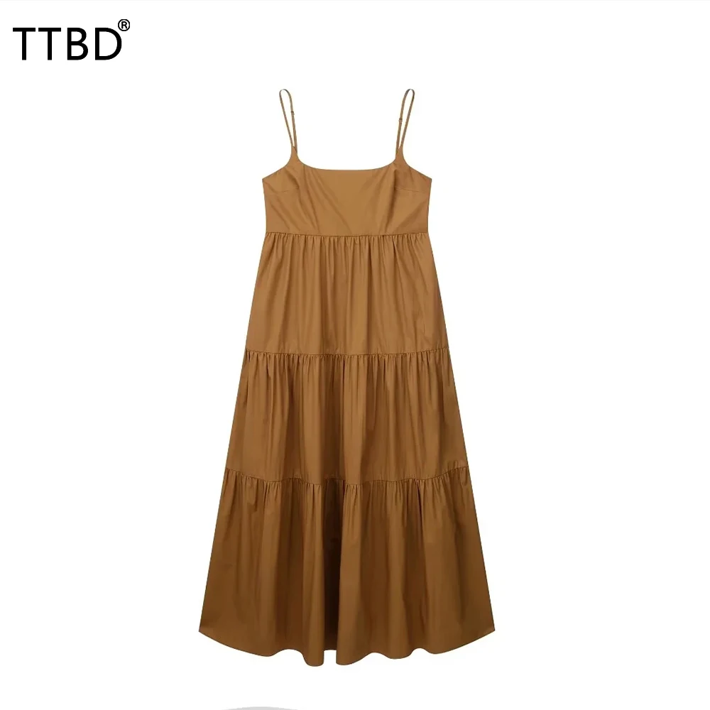 

TTBD Summer Women Fashion poplin dress with straps Female straight neckline thin straps midi dresses Ladies Chic Ruffled Dress