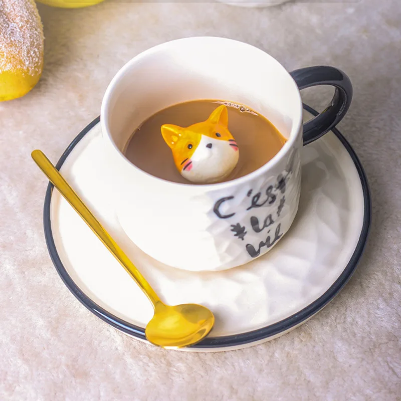 

Creative Cartoon Embossed Ceramic Cup Small Animal Mug Cup Cat Coffee Cup with Cup Saucer Household Milk Cup Water Cup Gift Home