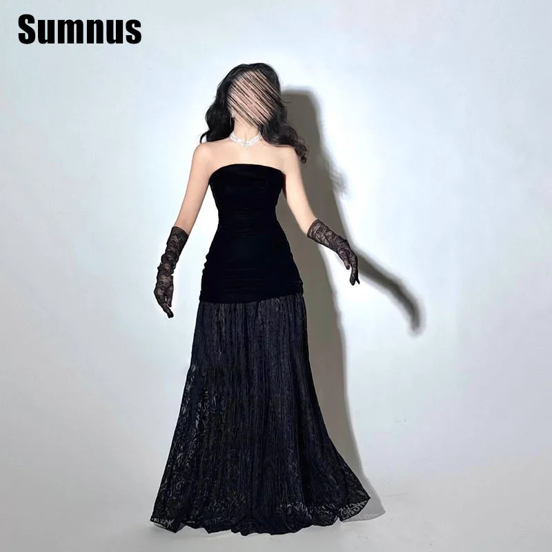 Фото Sumnus Mermaid Black Velour Prom Dresses Elegant Lace Strapless Evening Dress Floor Length Sleeveless Formal Gowns Customized №1