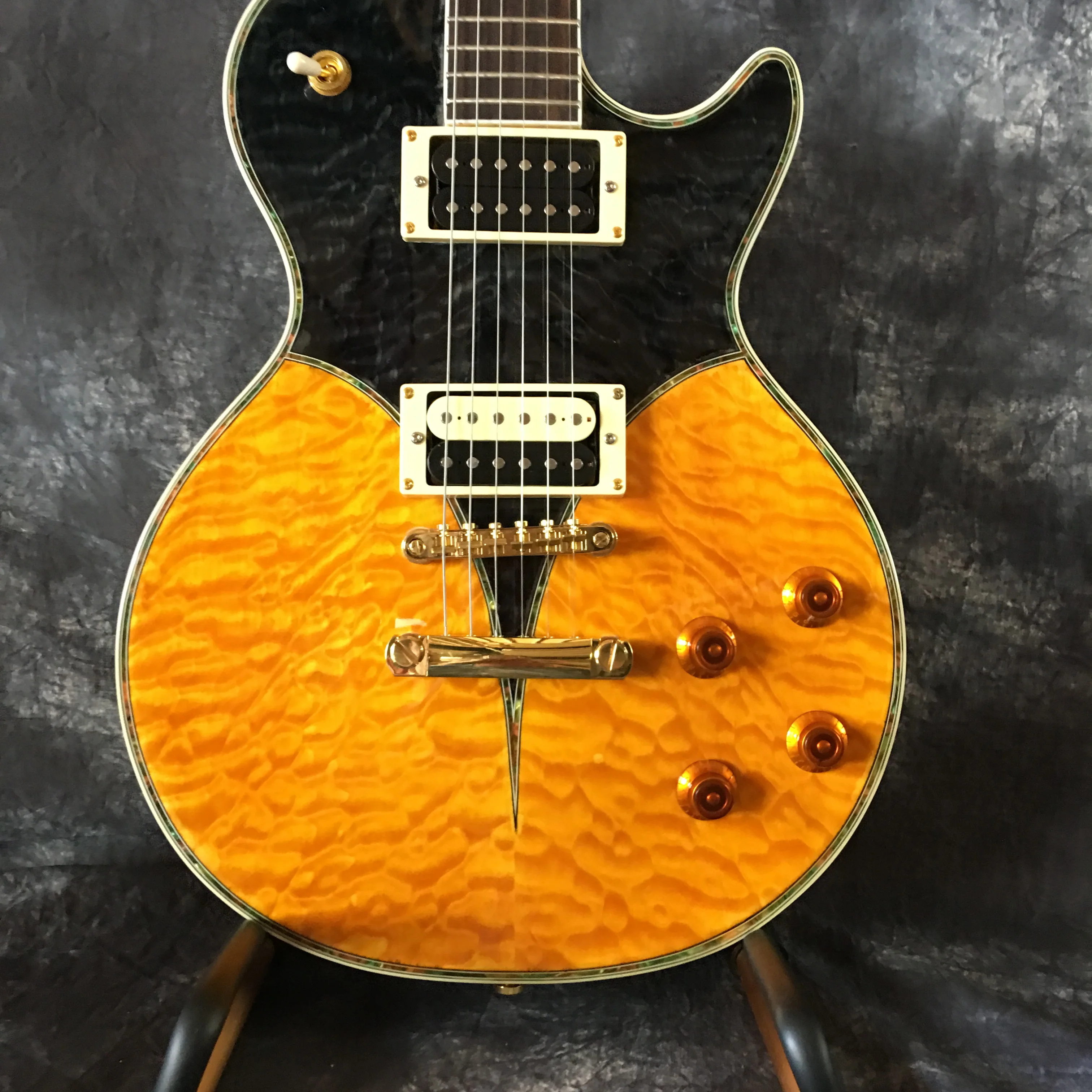 

In stock High Quality Guitar, Quilted Map Electric Guitar Top, Guitar Body Colored Mahogany Strip Edge, Guitar Free Shipping