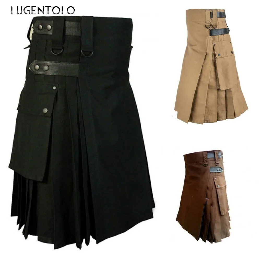 

Men Pleated Skirt Scotland Plaid Pockets Solid Casual Linen Festival 2022 New Fashion Scottish Style Mens Skirt Lugentolo