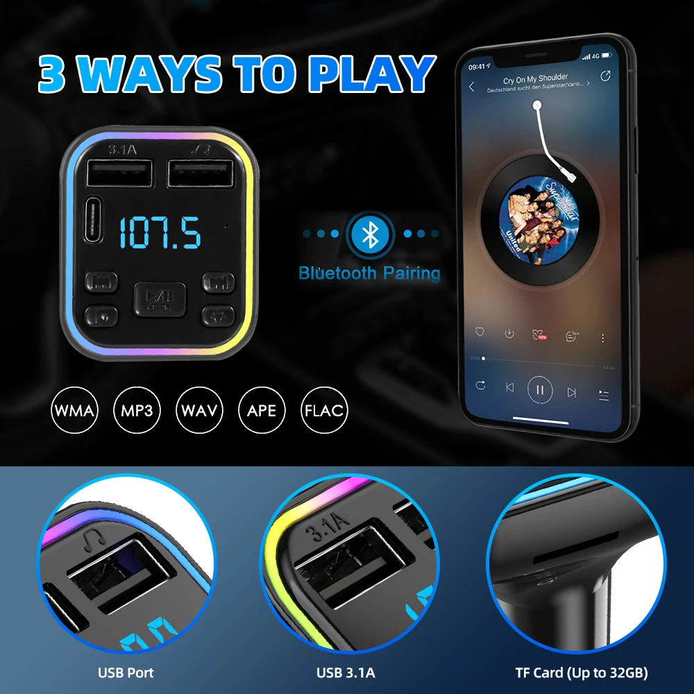 FM-трансмиттер автомобильный с поддержкой Bluetooth 5 0 и двумя USB-портами |