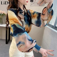 korean fashion women vintage print loose buttons chiffon casual shirt lapel elegant long latern sleeve blouses roupas femininas
