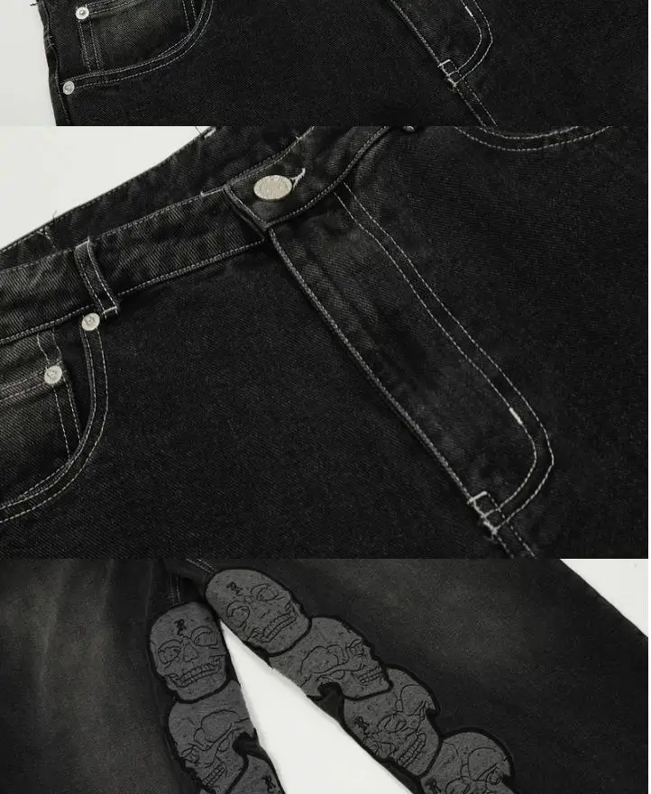 Новинка 2025 года джинсовая молния с вышивкой черепа облегающие прямые джинсы