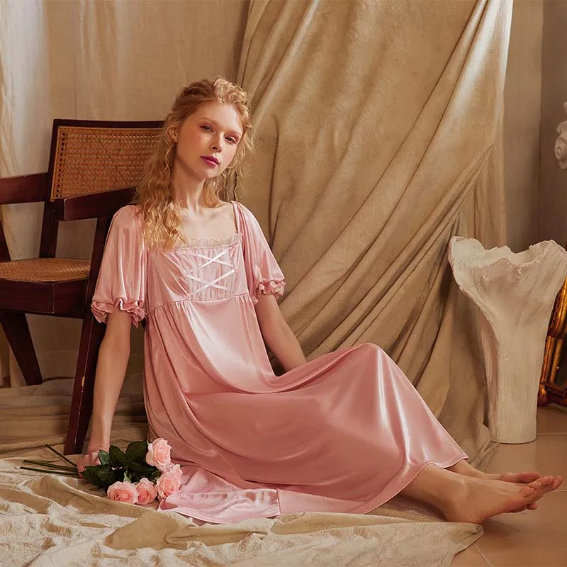 Roseheart Summer Women Homewear Female Pink Sexy Sleepwear Nightdress Lace Nightwear Nightgown Homewear Luxury Gown