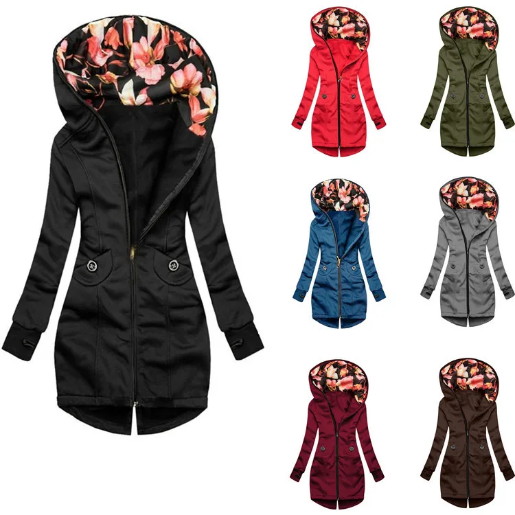 

Женский кардиган средней длины, повседневный однотонный кардиган с капюшоном и замком на коленях, Осень-зима 100