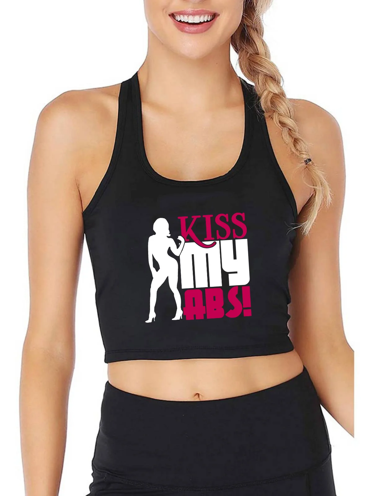 

Kiss My Abs Design Breathable Slim Fit Tank Top Women's Yoga Sport Workout Idea Gift Crop Tops Summer Gym Camisole