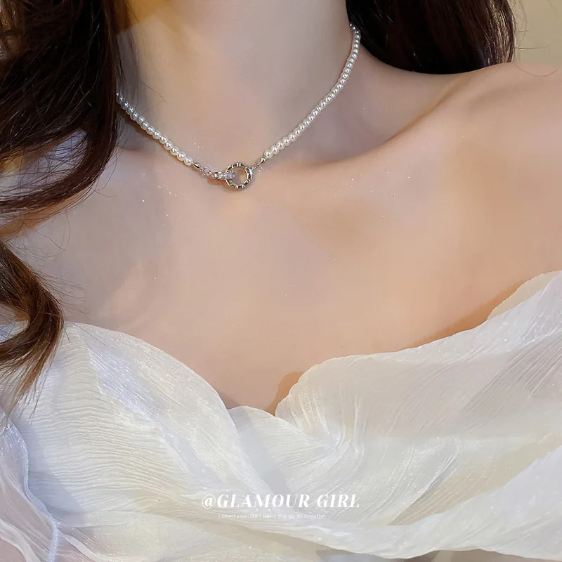 

French high-end sense zircon ring pearl necklace fashion INS choker clavicle chain temperament collar Free shipping