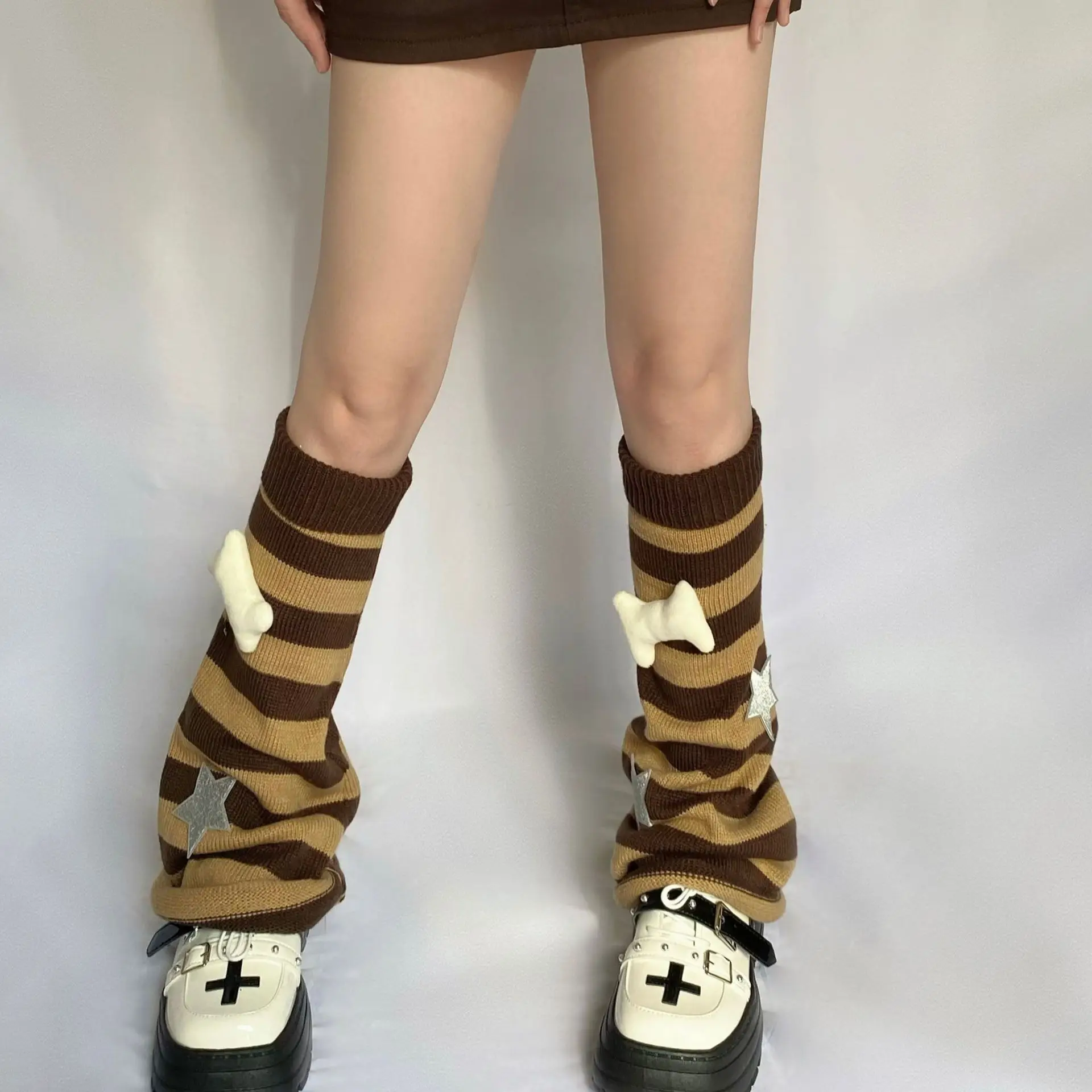 Women Striped Leg Warmers Bones Star Punk Dark JK Women's Knitted Wide Leg Socks Halloween Accessories Knee High Boots Socks
