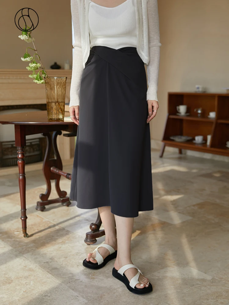 

DUSHU Twisted Black Slit A-Line Skirt Women Summer High Waist Draped Commuter Solid Mid-Calf Skirt 2022 Simple Long Skirts