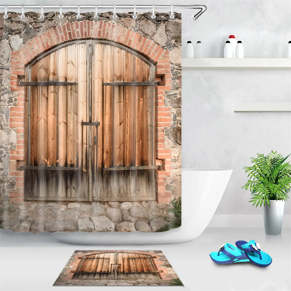 

Душевая занавеска С 3D рисунком деревянной двери, двойного назначения, водонепроницаемое украшение для дома и сада