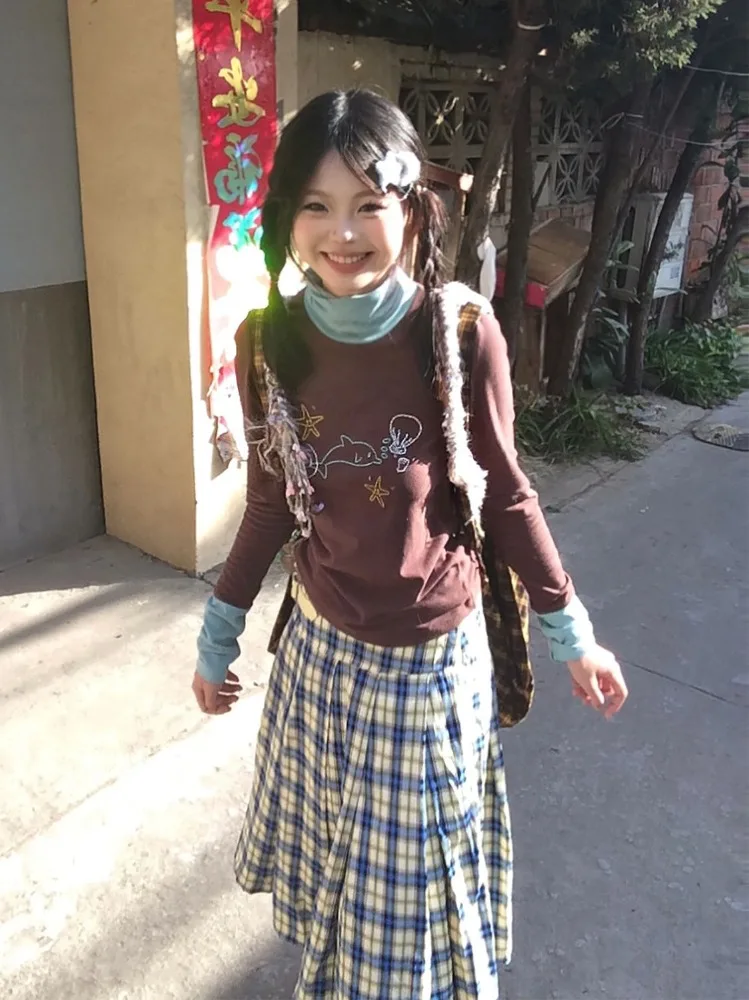 QWEEK Винтажная Футболка Y2k Kawaii Женская водолазка милые Мультяшные коричневые