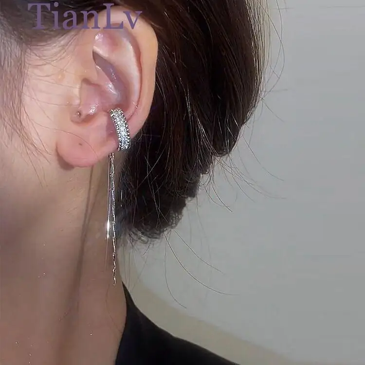 

2022 New Fashion Zircon Shining C Shape Long Tassel Ear Cuff No Piercing Earrings Female Design Simple Ear Clip Party Jewelry