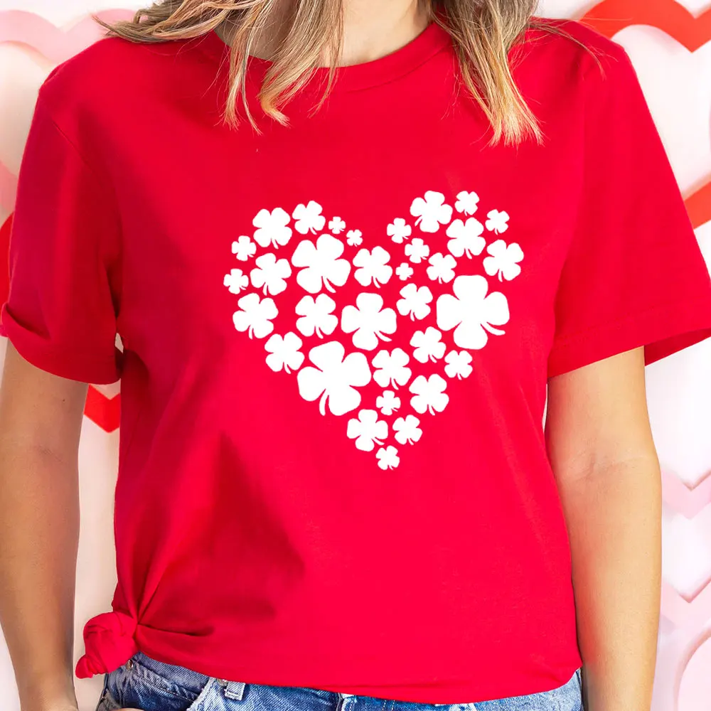 

Shamrock Heart Print St Patrick's Day Shirt 100%Cotton Women's Tshirt Unisex Summer Casual Short Sleeve Top Irish Lucky Shirt