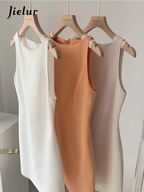 Jielur-Vestido de verano sin mangas con cuello redondo para mujer, prenda Sexy y elegante, color albaricoque, naranja y blanco 1