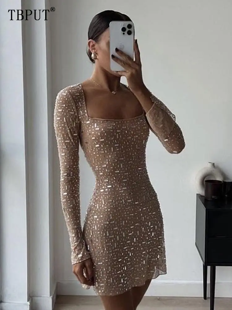

Sequined Long Sleeve Short Dress For Women Sexy Hot Diamond Sexy Semi Perspective Mini Dresses Fashion Party Bodycon Robe