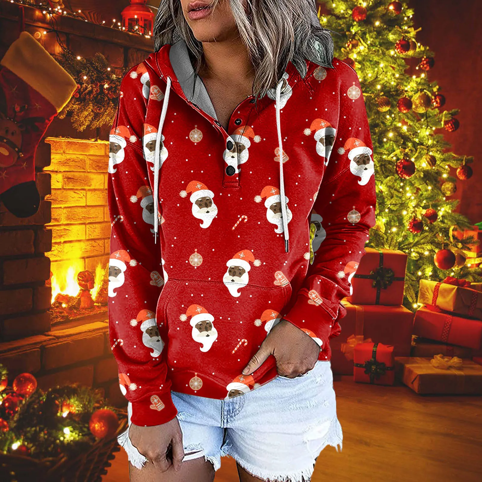 

Woman Hoodie Ladies Sweater Print Loose Button Pocket Drawstring Long-Sleeved Hoodie Womens Cotton Sweatshirts And Hoodies