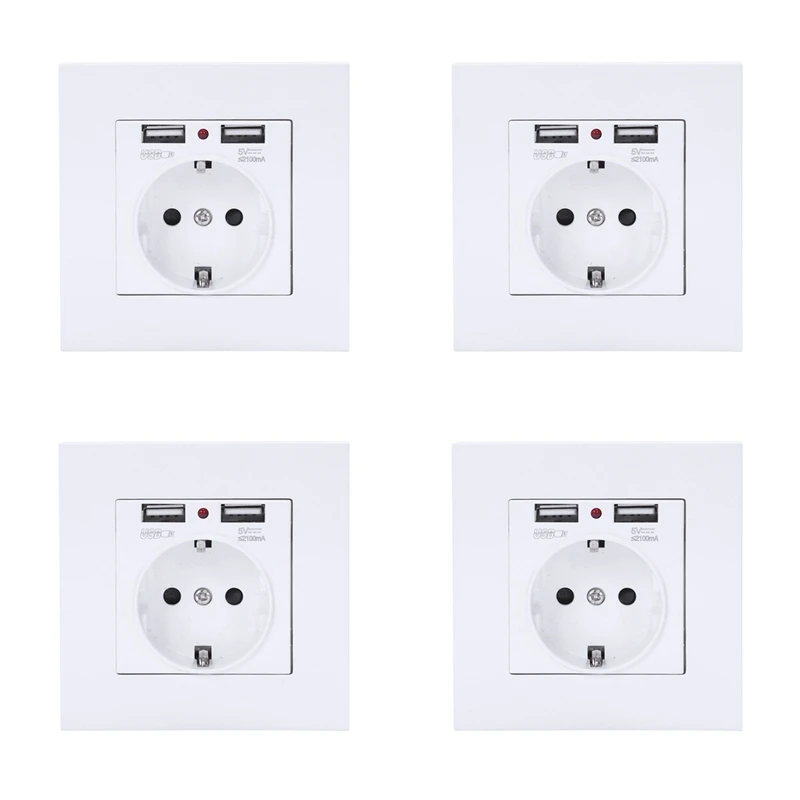 

4X Pc Panel Wall Power Socket Grounded 16A Eu Standard Electrical Outlet With 2100Ma Dual USB Charger Port For Mobile