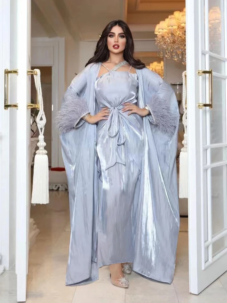 

3 Pieces Matching Muslim Sets Feather Diamond Open Abaya with Inner Dress Dubai Evening African Dresses for Women Islam Kaftan