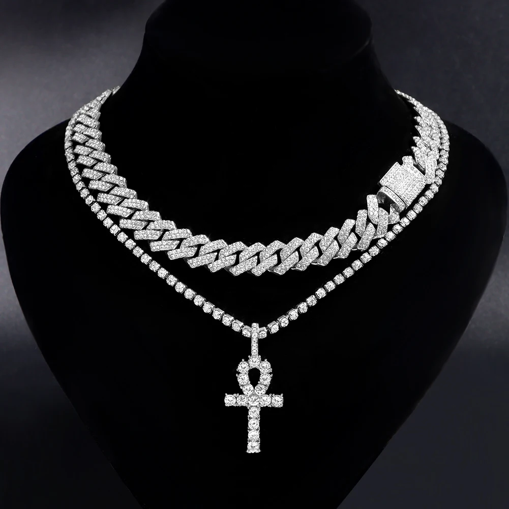 

2Pcs Punk Crystal Cross Ankh Tennis Chain Iced Out Prong Cuban Link Chain Necklace For Men Women Rapper Necklaces Hiphop Jewelry