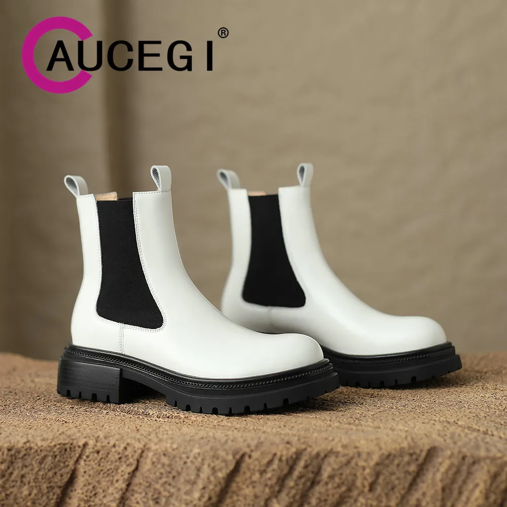 

Осенне-зимние женские ботильоны челси Aucegi из натуральной кожи с соединением, удобная повседневная обувь на толстом каблуке с круглым носком