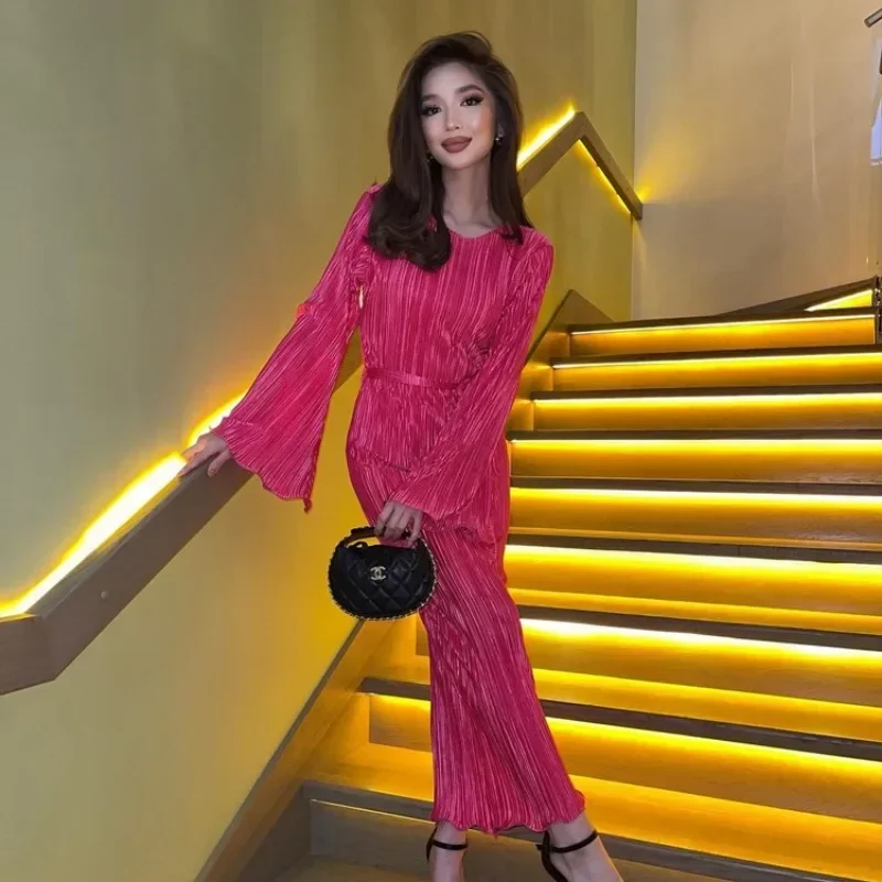 Laxsesu элегантное розовое плиссированное женское платье 2024 модное свободное с