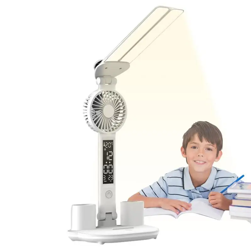 

Dual Swing Arm Desk Light Foldable Study Lamp Foldable Desk Lamps With Thermometer Calendar Fan Pen Holder For Students Studies