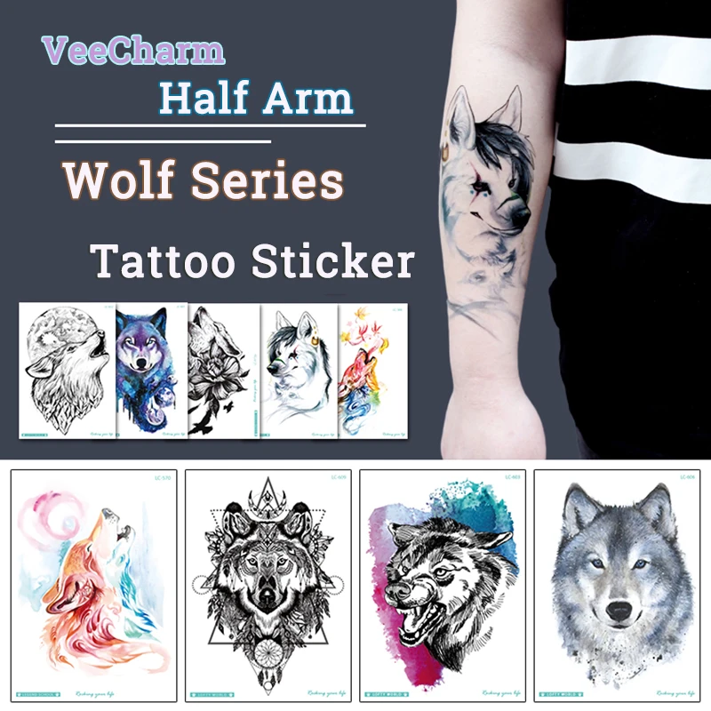 VeeCharm-волчья серия акварельных скетчей временные татуировки для взрослых