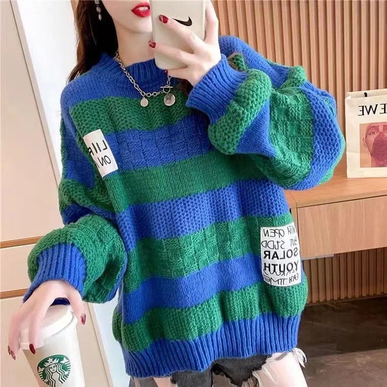 

2022 New Autumn Fashion Women Sweater Simple Striped Thick Line Pullover Female Streetwear Loose Knitted Blouse Mujer