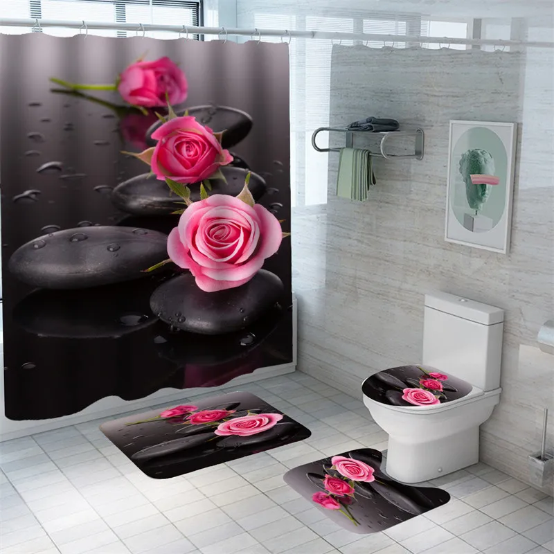 

Набор водонепроницаемых ковриков для ванны, удобные экологически чистые коврики для туалета с розовыми цветами, защита от плесени, для купа...