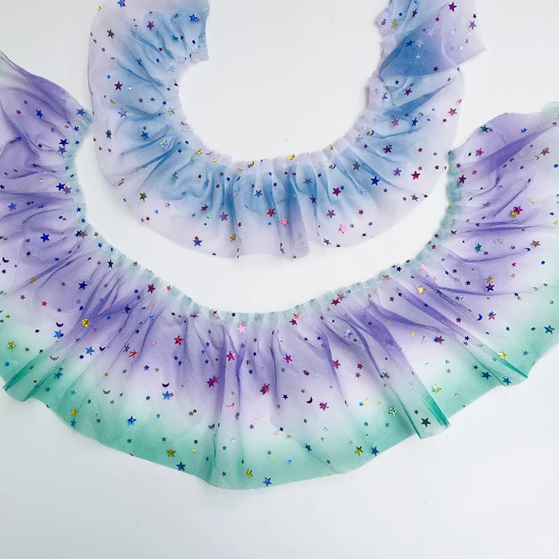 

Двухслойная Тюлевая плиссированная кружевная отделка 2 метра с оборками для свадебного платья аппликация декоративная ткань Звезды Луна м...