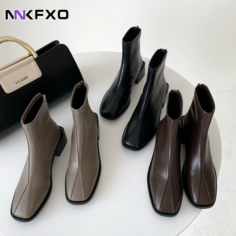 

2022 Ankle Boots For Women Square Toe retro Shoes Warm Winter Short Boots Zipper Square Heels Comfortable Lady Shoes vc4482