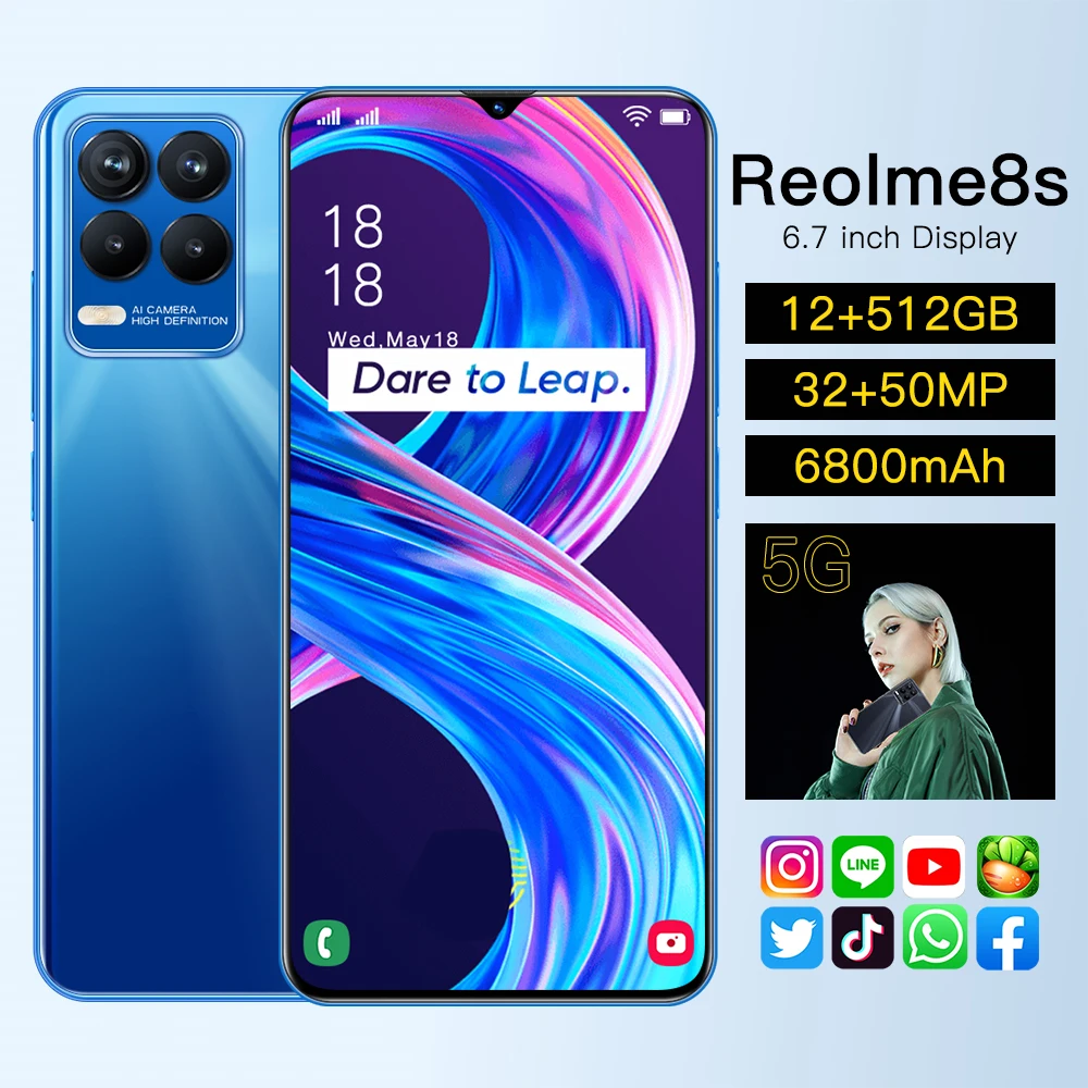 reolme8s 6 7 inch 1216512gb 32mp50mp 6800mah android 11 smart phone deca core dimensity 810 face unlock mobile phones global free global shipping