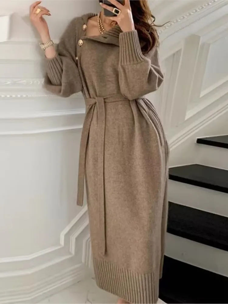 

Autumn Korean New Solid Women Dress 2023 Lantern Sleeve Female Holiday Knit Maxi Dresses Spring Lady Single Breasted Casual Robe