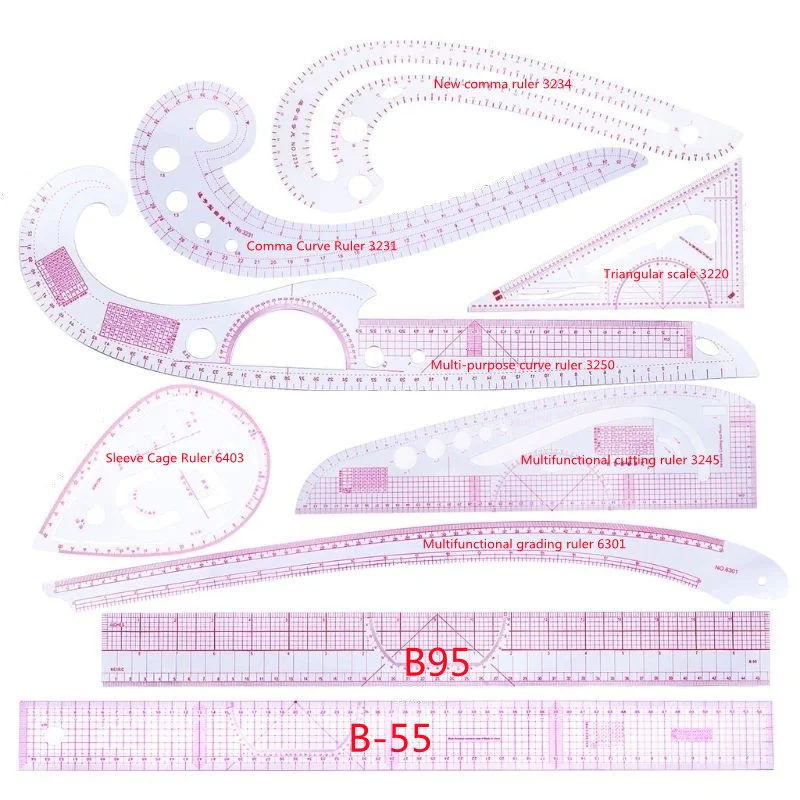 Regla curva francesa de costura, 9 piezas, medida, confección a medida, plantilla de dibujo, conjunto de herramientas para manualidades, accesorios para máquina de coser