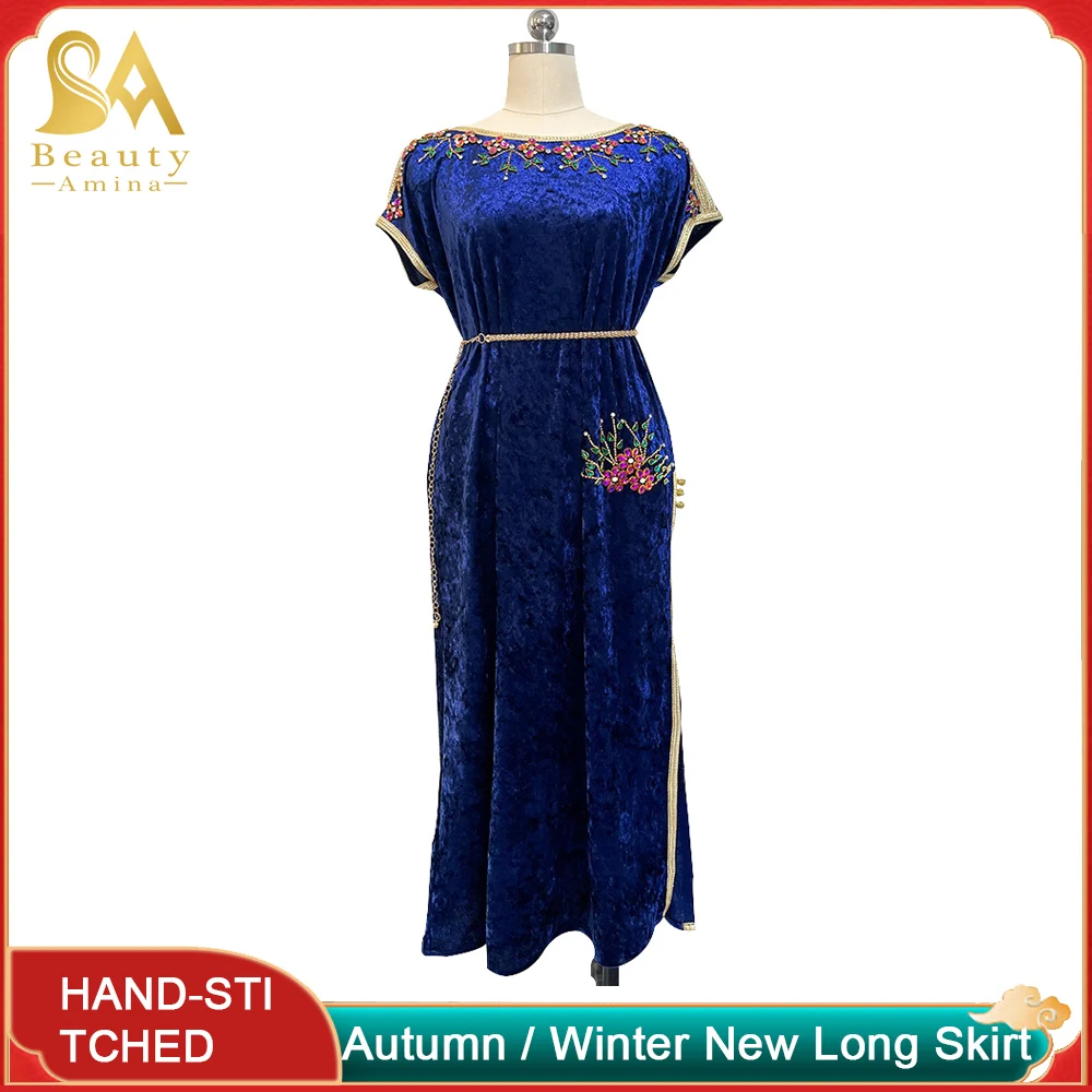 Muslim Dress Navy Blue Velvet Hand Sewn Diamond Dress Autumn Winter New Long Dress Abaya Robe Islamic Robe Party Vintage Dress