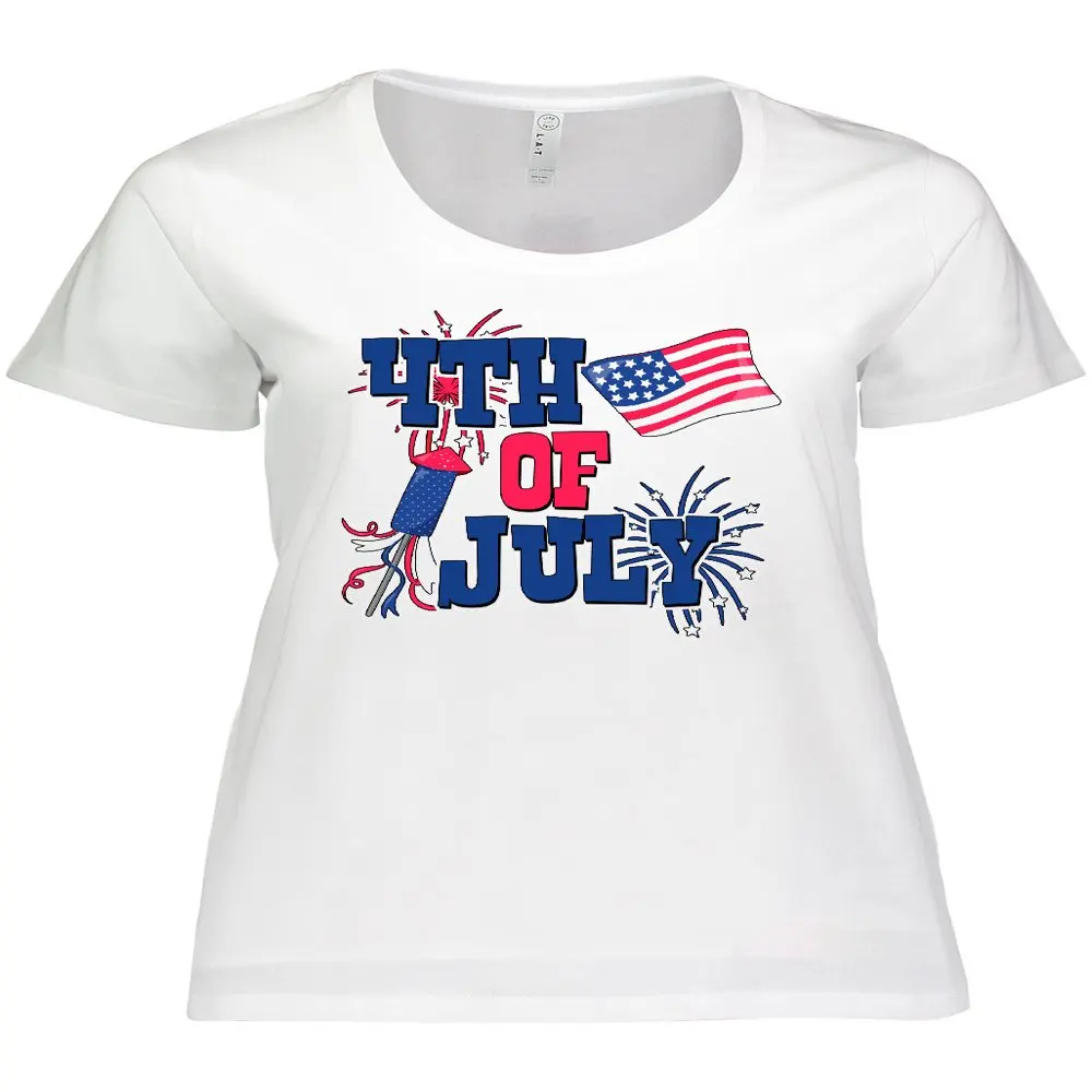 

4th of July with Fireworks American Flag and Rocket Women`s Plus Size T-Shirt